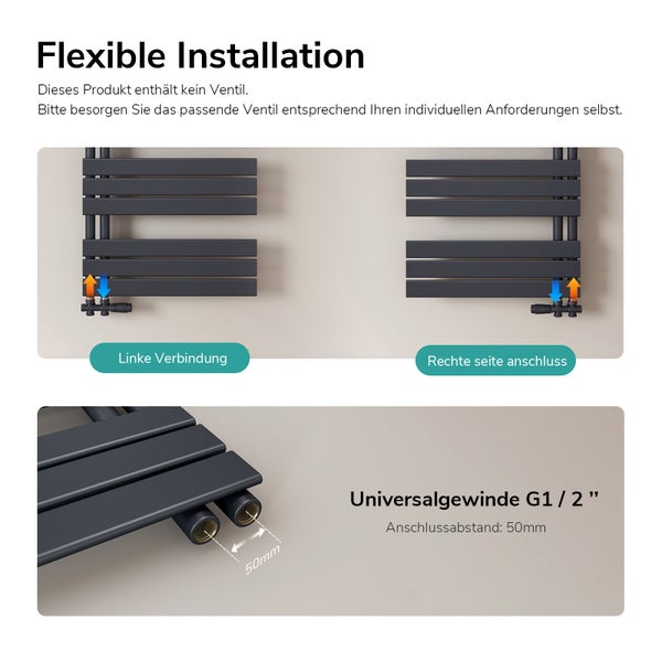 Radiátor s flexibilní instalací a univerzálním závitem G1/2 palce