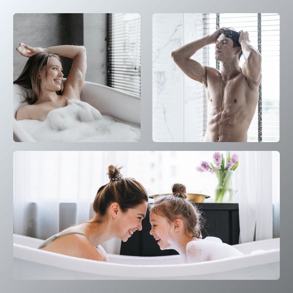 Koláž lidí, kteří si užívají relaxační koupel nebo sprchu.