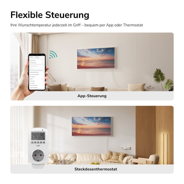 Flexibilní ovládání topných systémů pomocí aplikace nebo zásuvkového termostatu v moderním obývacím pokoji.
