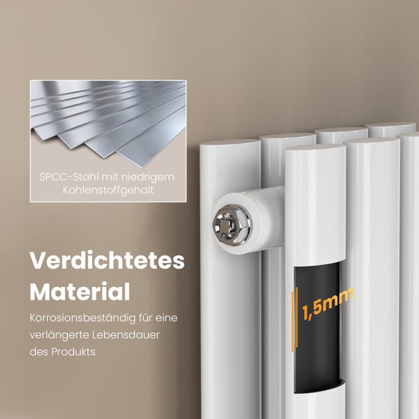 Detail bílého radiátoru s informacemi o materiálu a odolnosti proti korozi.