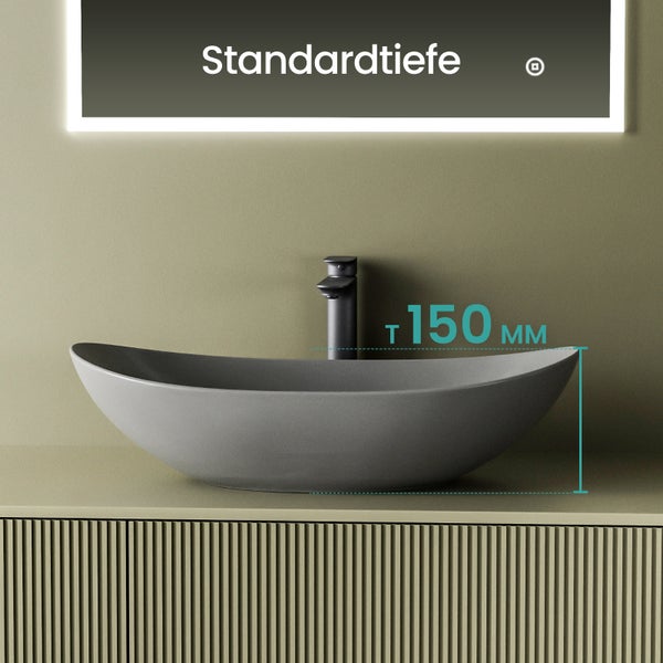 Umývadlo na desku v šedých tónech s armaturou a hloubkou 150 mm