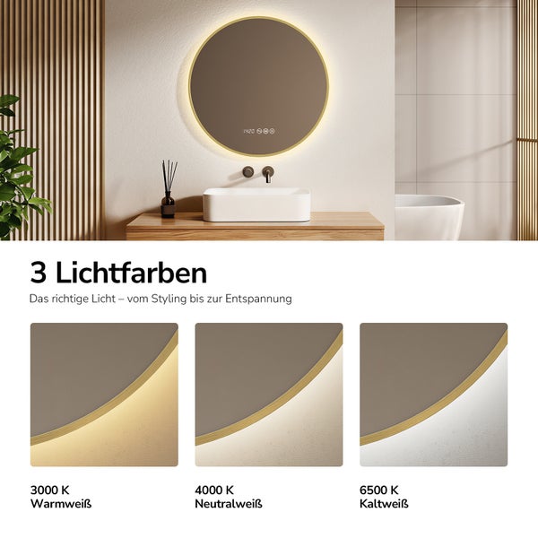 Kulaté koupelnové zrcadlo s LED osvětlením a třemi volitelnými barvami světla od teplé bílé po studenou bílou pro moderní design koupelny.