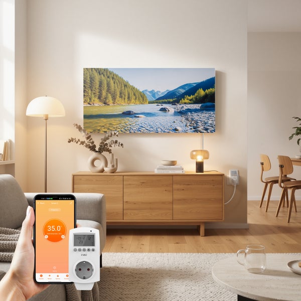 Ruka drží chytrý telefon s aplikací pro ovládání chytré zásuvky, zobrazené v obývacím pokoji s dřevěným nábytkem a nástěnným obrazem.