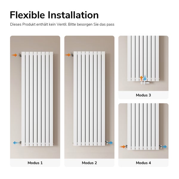 Flexibilní instalace radiátoru s různými možnostmi připojení.
