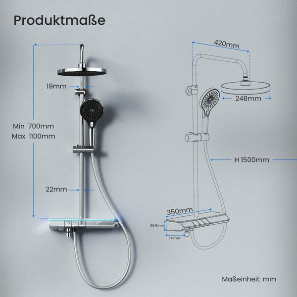 Rozměry produktu sprchové armatury s ruční a hlavovou sprchou.