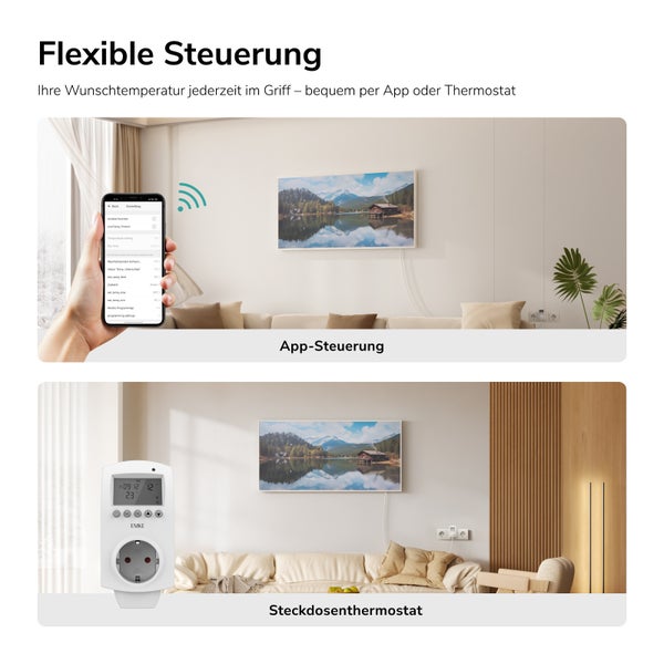 Flexibilní ovládání infračerveného vytápění pomocí aplikace v chytrém telefonu nebo zásuvkového termostatu pro regulaci pokojové teploty.