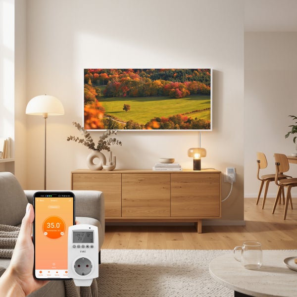 Ruka drží chytrý telefon s aplikací pro ovládání digitálního zásuvkového časovače EMKE v moderně zařízeném obývacím pokoji.