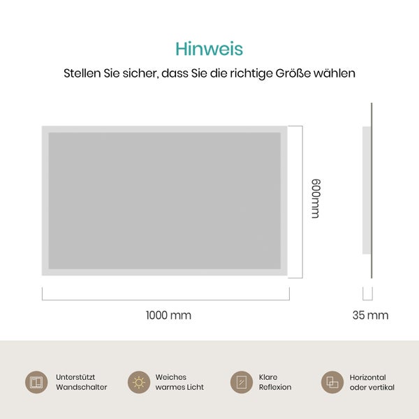 Rozměry zrcadla: 1000 mm šířka, 600 mm výška, 35 mm hloubka