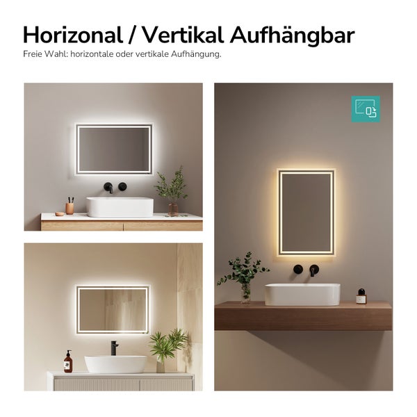 Moderní LED koupelnové zrcadlo, flexibilní horizontální nebo vertikální montáž, zobrazené nad různými umyvadly v světlém designu koupelny.