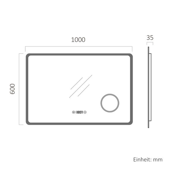 Technický nákres zrcadla o rozměrech 1000 x 600 x 35 milimetrů
