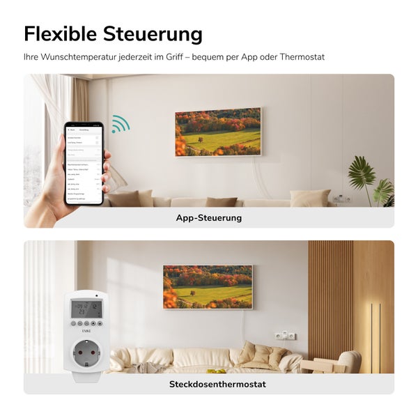 Inteligentní systém vytápění s ovládáním přes aplikaci a digitálním zásuvkovým termostatem pro flexibilní regulaci teploty v místnosti.