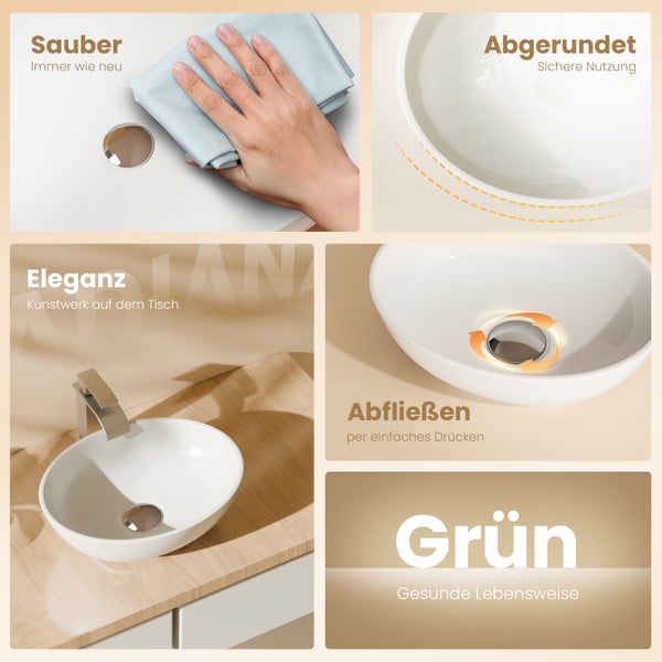 Zobrazené výhody produktu pro umyvadlo na desku: snadné čištění, kulatý tvar pro bezpečné používání, elegantní design, snadný odtok stisknutím, materiály šetrné k životnímu prostředí pro zdravý životní styl.