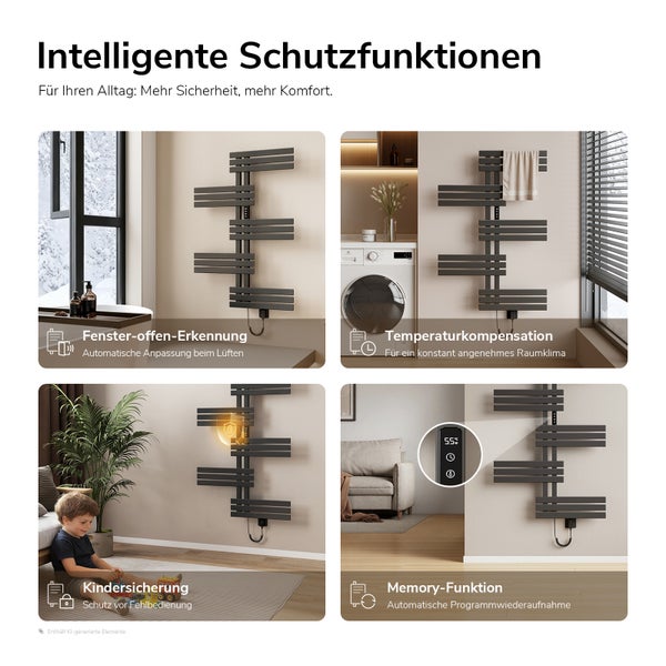 Grafika se ctyrmi priklady vyuziti inteligentnich funkci designoveho radiatoru jako je detekce otevreneho okna a detska pojistka.