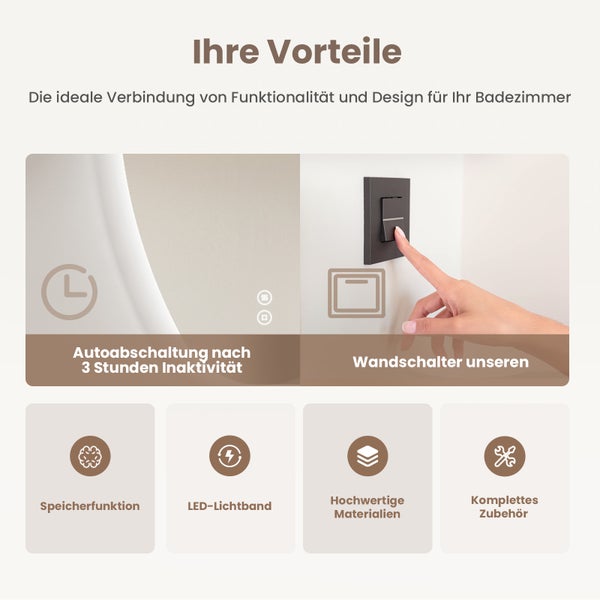 Infografika zobrazuje výhody koupelnového zrcadla s automatickým vypínáním, nástěnným vypínačem, paměťovou funkcí a LED osvětlením.