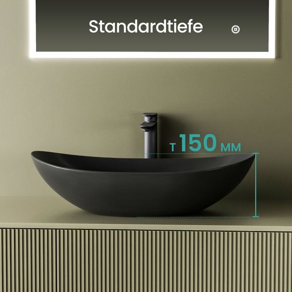 Černé umyvadlo na desku s armaturou a rozměrem 150 mm pro standardní hloubku