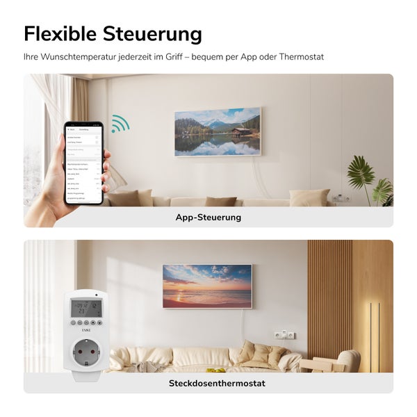 Flexibilní ovládání vytápění pomocí aplikace nebo zásuvkového termostatu v moderním obývacím pokoji.