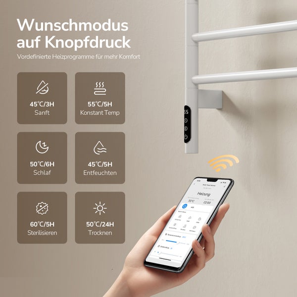 Bílý elektrický koupelnový radiátor s aplikací a programy od 45 do 60 stupňů Celsia pro sušení a sterilizaci.