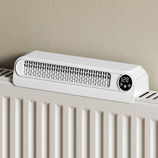 Radiátorový ventilátor pro montáž na radiátor s digitálním displejem a ventilační jednotkou pro lepší distribuci tepla.