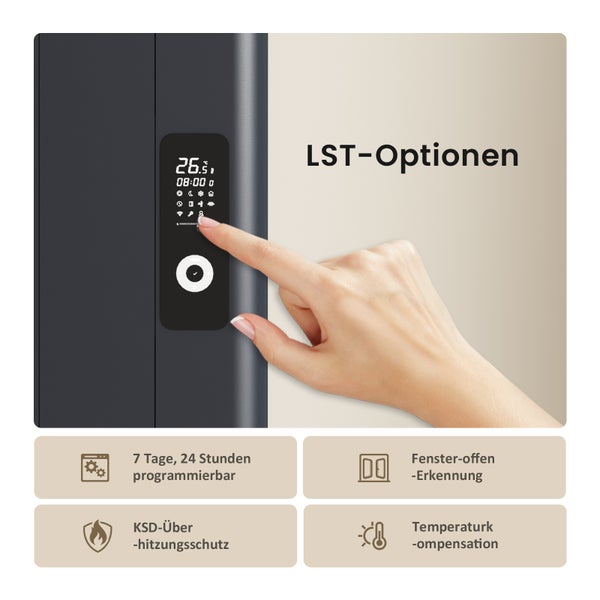 Možnosti LST s programováním 7 dní 24 hodin, detekcí otevření oken, ochranou proti přehřátí KSD a kompenzací teploty.
