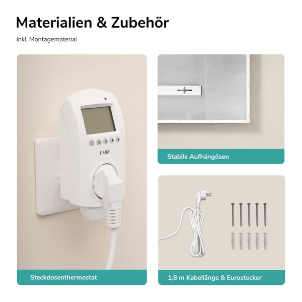 Dodávka obsahuje zásuvkový termostat, stabilní úchyty, kabel dlouhý 1,8 metru s eurozástrčkou a montážní materiál pro topné panely.
