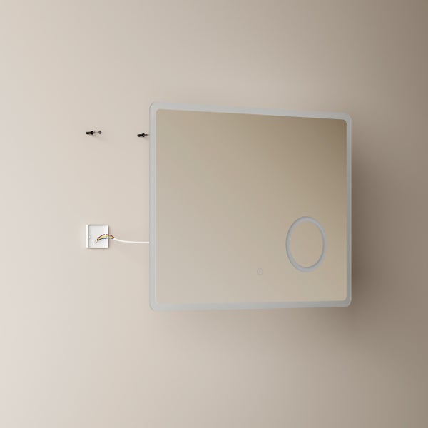 Obdélníkové koupelnové zrcadlo s LED osvětlením a integrovaným kosmetickým zrcátkem pro montáž na stěnu s elektrickým připojením