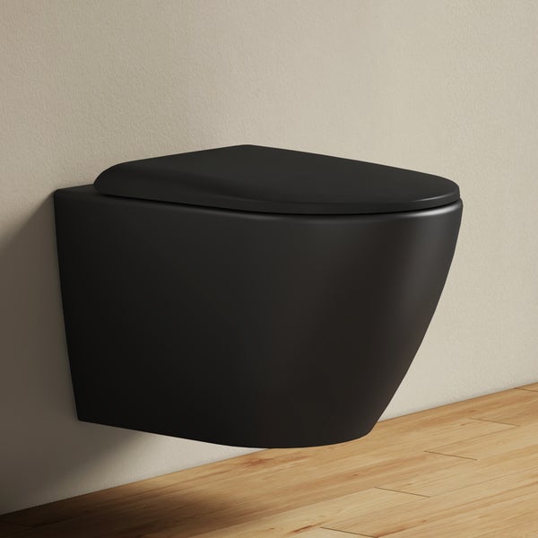 Černé závěsné WC, bez oplachového kruhu, včetně WC sedátka, moderní design do koupelny, montáž na stěnu.