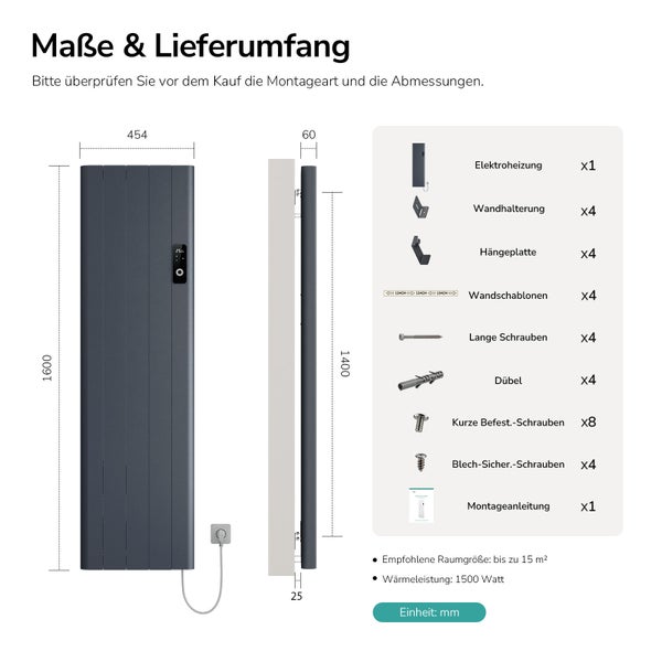 Technický výkres elektrického topení s rozměry v milimetrech a seznamem obsahu balení včetně nástěnného držáku a montážního materiálu.