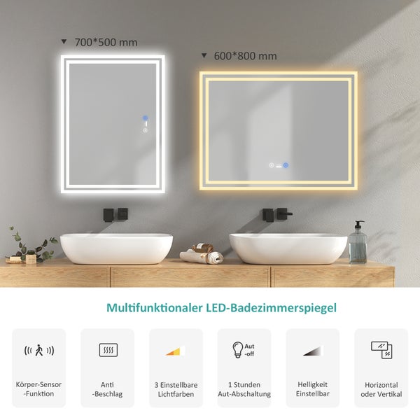 Multifunkční LED zrcadlo do koupelny s funkcí tělesného senzoru, proti zamlžení, nastavitelnými barvami světla a jasem