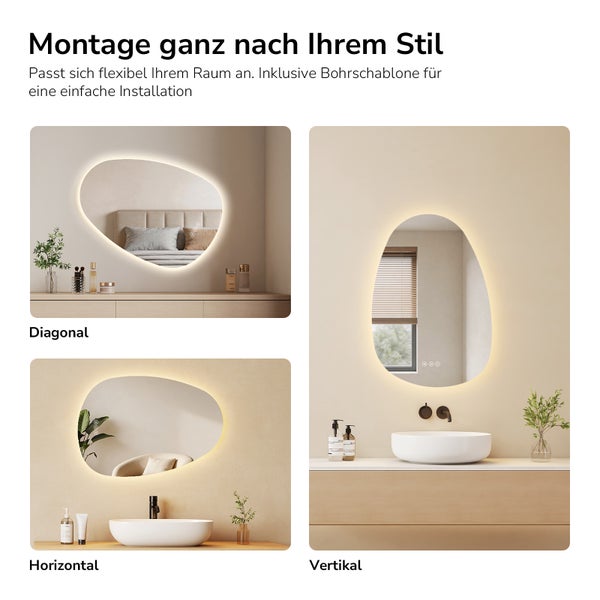 LED zrcadlo organického tvaru v různých polohách montáže: diagonálně v ložnici a horizontálně i vertikálně v koupelně.