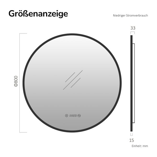 Zobrazení rozměrů kulatého zrcadla o průměru 800 milimetrů