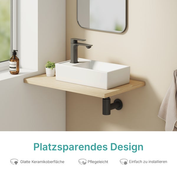 Moderní umyvadlo s baterií na dřevěné konzoli v koupelně s prostorově úsporným designem, hladkým povrchem a snadnou instalací.
