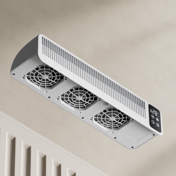 Ventilátor na radiátor pro lepší rozvod tepla se třemi větráky a digitálním displejem pro montáž na stěnu nad radiátorem