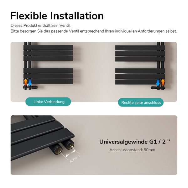 Radiátor pro flexibilní instalaci s univerzálním závitem G1/2 palce a připojovací roztečí 50 mm