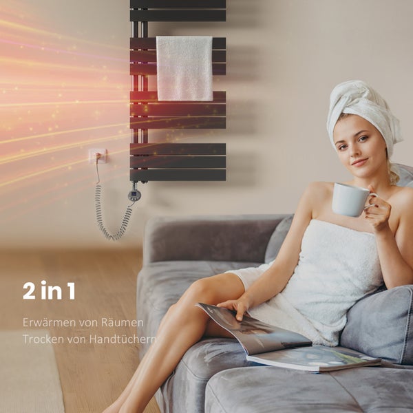 Scéna s elektrickým sušákem ručníků, namontovaným na zdi, s ručníkem a ženou, která relaxuje