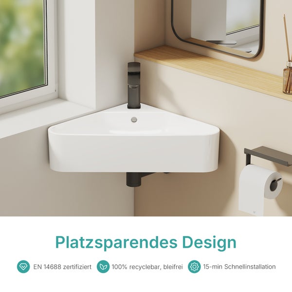 Rohový umyvadlo s baterií a prostorově úsporným designem