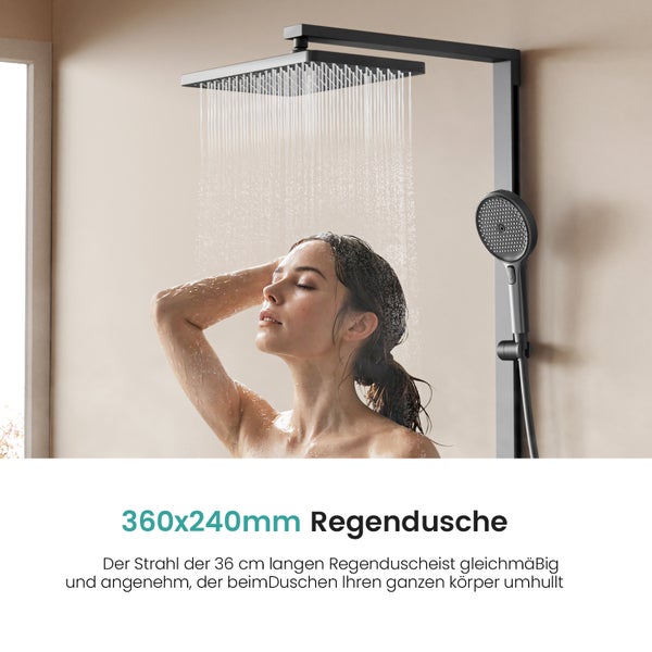 Žena pod 360 x 240milimetrovou dešťovou sprchou s ruční sprchou