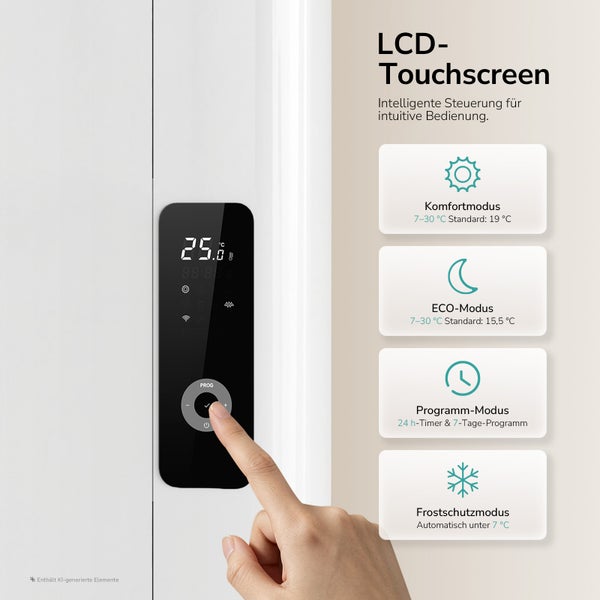 Chytrý termostat s LCD dotykovou obrazovkou pro ovládání vytápění, zobrazuje čtyři provozní režimy včetně komfortního a úsporného.