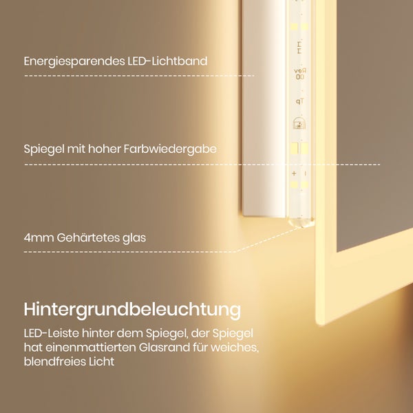 Detailní pohled na zrcadlo s energeticky úsporným LED světelným pásem a podsvícením