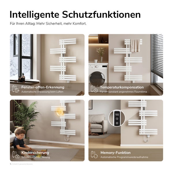 Infografika ukazuje inteligentní ochranné funkce elektrického koupelnového radiátoru jako detekce otevřeného okna a dětská pojistka.