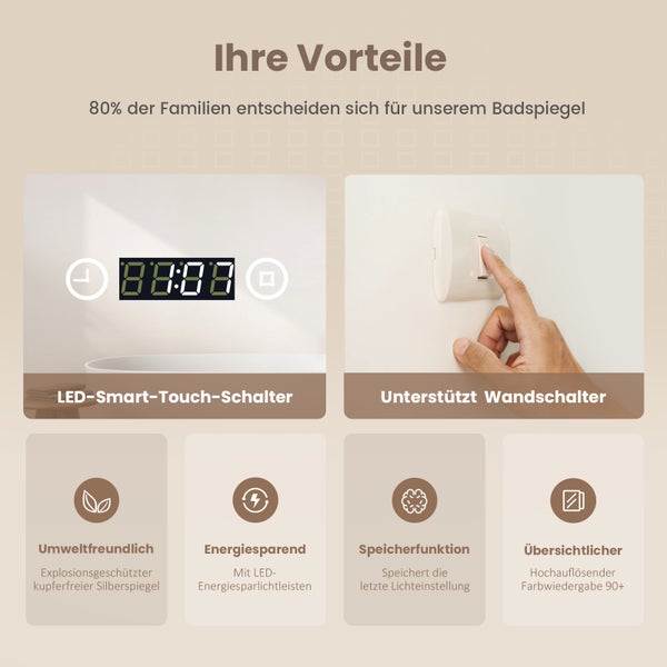 Výhody koupelnového zrcadla s LED Smart Touch spínačem, podpora nástěnného spínače, ekologické, nevýbušné stříbrné zrcadlo bez mědi, energeticky úsporné LED pásky, paměťová funkce a barvy ve vysokém rozlišení