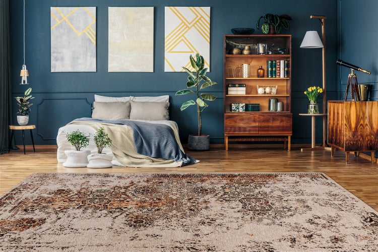 Moderní obývací pokoj s velkým vzorovaným kobercem ve vintage stylu na dřevěné podlaze, postelí, dřevěnou knihovnou a nástěnnými obrazy.