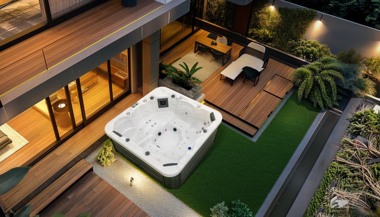 Moderní zahradní design s vířivkou na dřevěné terase a přilehlým trávníkem se zahradním nábytkem v luxusním venkovním prostoru.