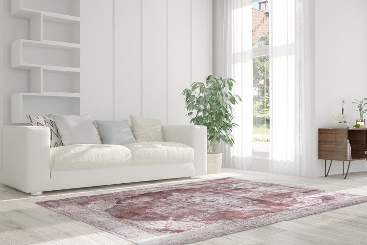 Světlý obývací pokoj s bílou pohovkou, zelenou pokojovou rostlinou a červenobílým vzorovaným kobercem na světlé dřevěné podlaze u okna.
