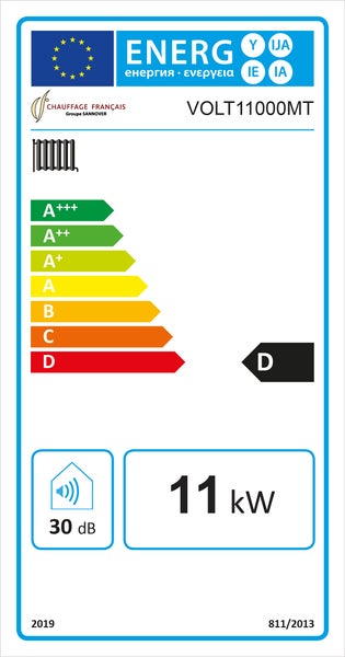 Energetický štítek pro radiátor VOLT11000MT, třída energetické účinnosti D, 11 kilowattů, 30 decibelů