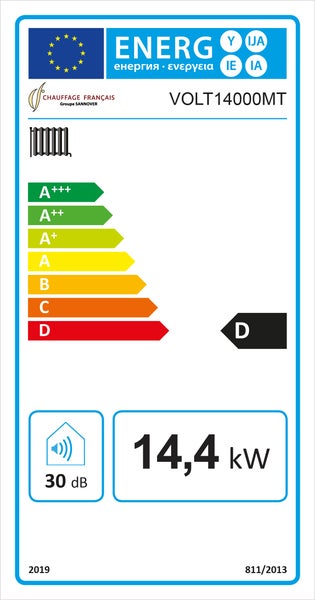 Energetický štítek pro radiátor VOLT14000MT, třída energetické účinnosti D, 14,4 kW, 30 dB