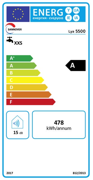 Energetický štítek pro Sannover Lya 5500, třída energetické účinnosti A, roční spotřeba energie 478 kWh, emise hluku 15 dB