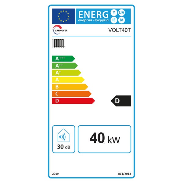 Energetický štítek EU pro topení Sannover VOLT40T, třída D, hlučnost 30 decibelů a výkon 40 kilowattů.