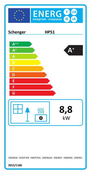 Energetický štítek Schenger HP51 s třídou energetické účinnosti A+ a 8,8 kilowatt