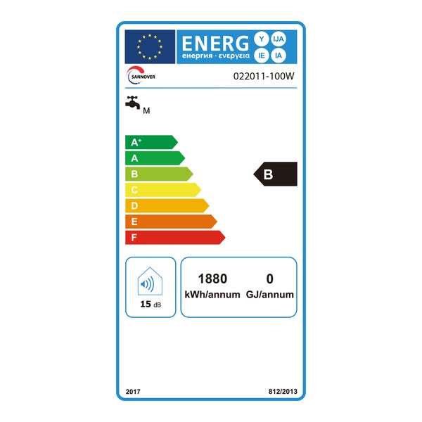 Energetický štítek Sannover 022011-100W, zátěžový profil M, třída energetické účinnosti B, 1880 kilowatthodin za rok, 15 decibelů.