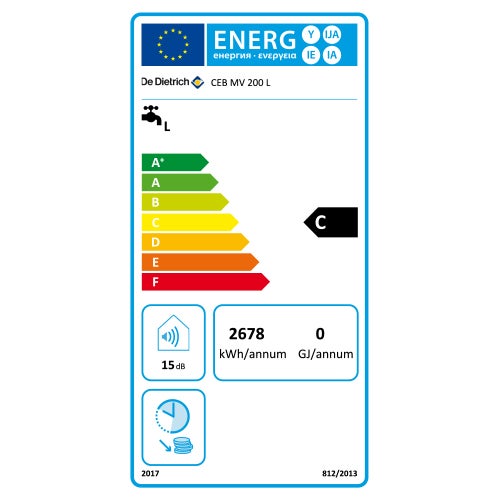 Energetický štítek pro ohřívač vody De Dietrich CEB MV 200 L, třída energetické účinnosti C, roční spotřeba energie 2678 kilowatthodin, hlučnost 15 decibelů